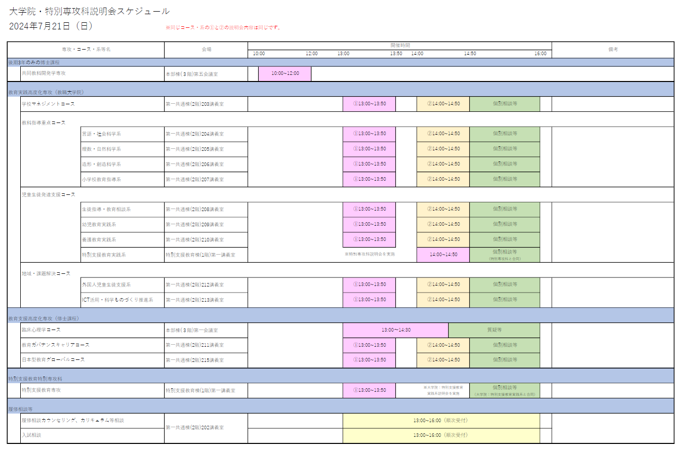 大学院・特別専攻科説明会　スケジュール