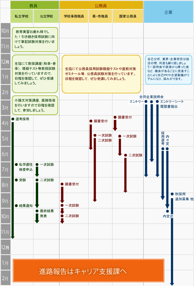 3年生の10月から4年生の2月までの就職の流れ図