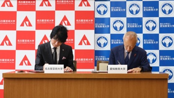 署名する名古屋芸術大学の來住尚彦学長（左）本学の野田敦敬学長（右）