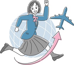 地球儀と飛行機と女性のイラスト